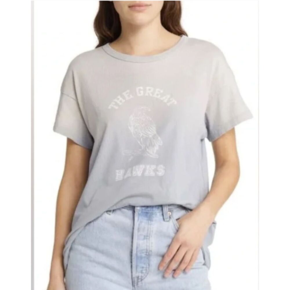 The Great. Boxy Crew Tee Hawks Graphic Tee Double Washed Pastel Blue Small